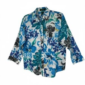 Lauren Ralph Lauren Petite Large 100% Linen Button Down 3/4 Sleeve Floral blue